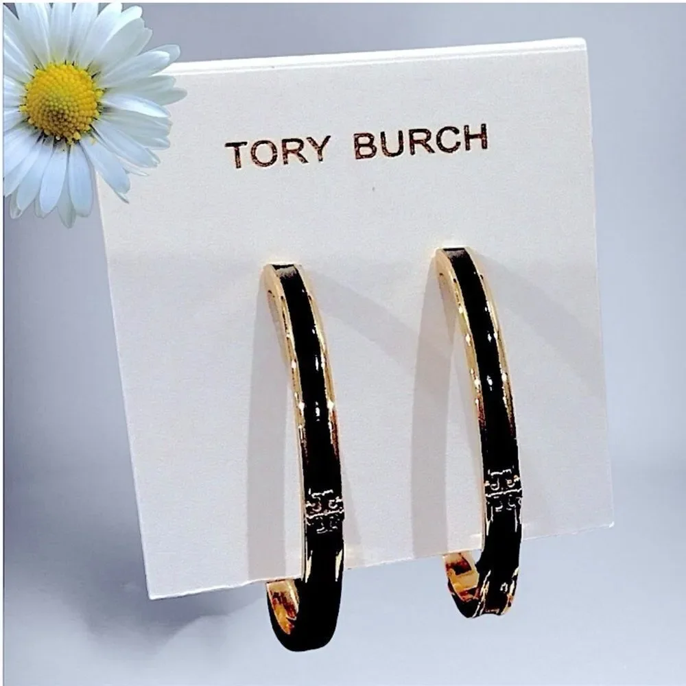 TORY BURCH 18K GOLD AND BLACK ENAMEL HOOP EARRINGS